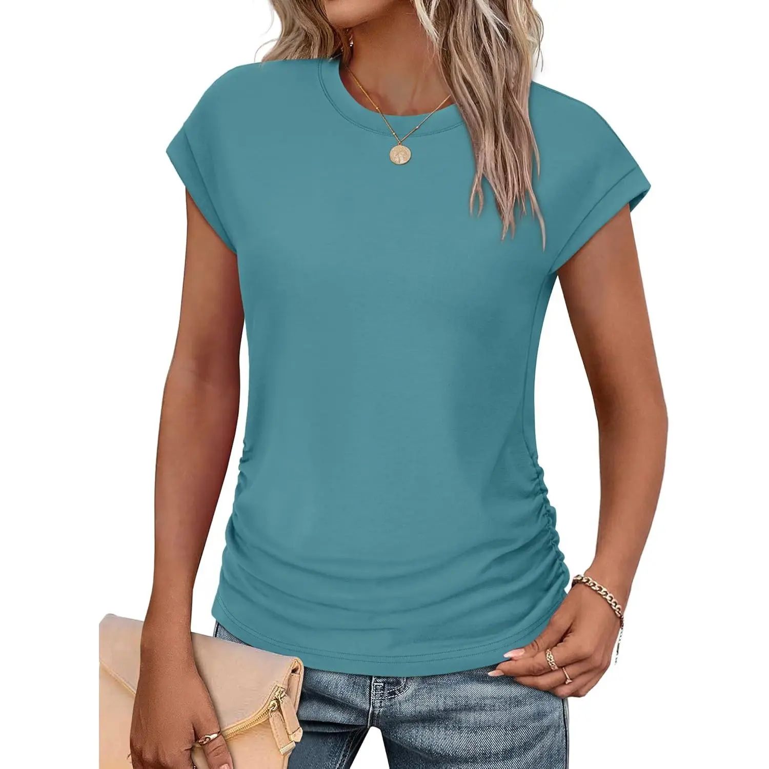 Womens Summer Tops Trendy 2026 Ruched Cap Short Sleeve Tshirts Shirts Crew Neck T Shirts Fashion