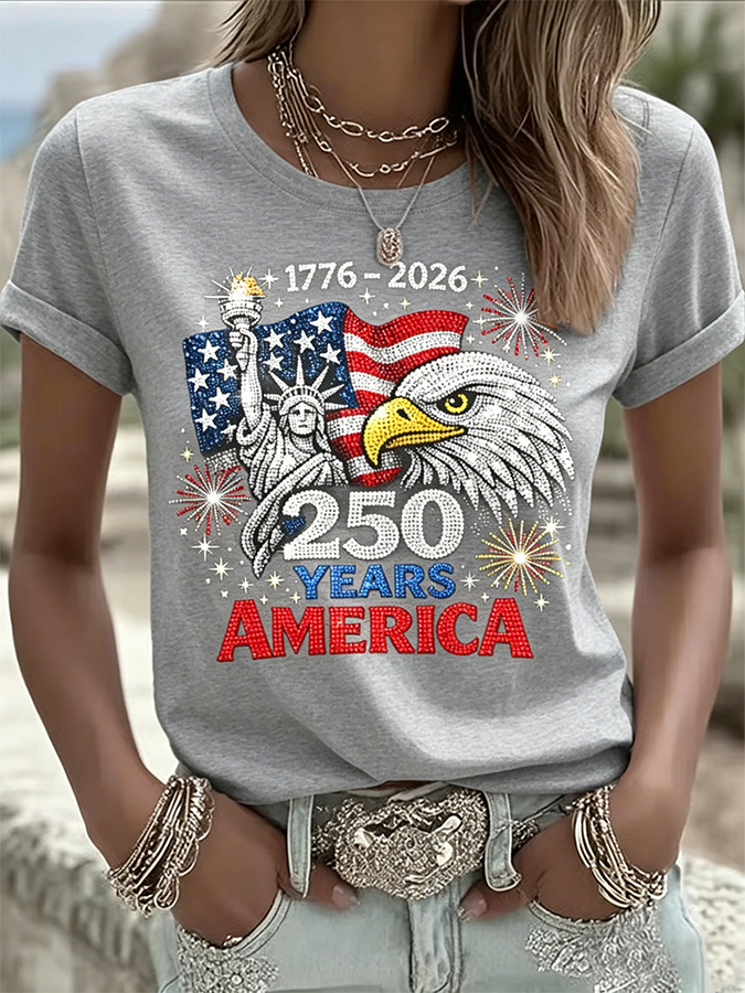 Ladies' Casual American 1776-2026 Anniversary Celebration Print Round Neck T-Shirt