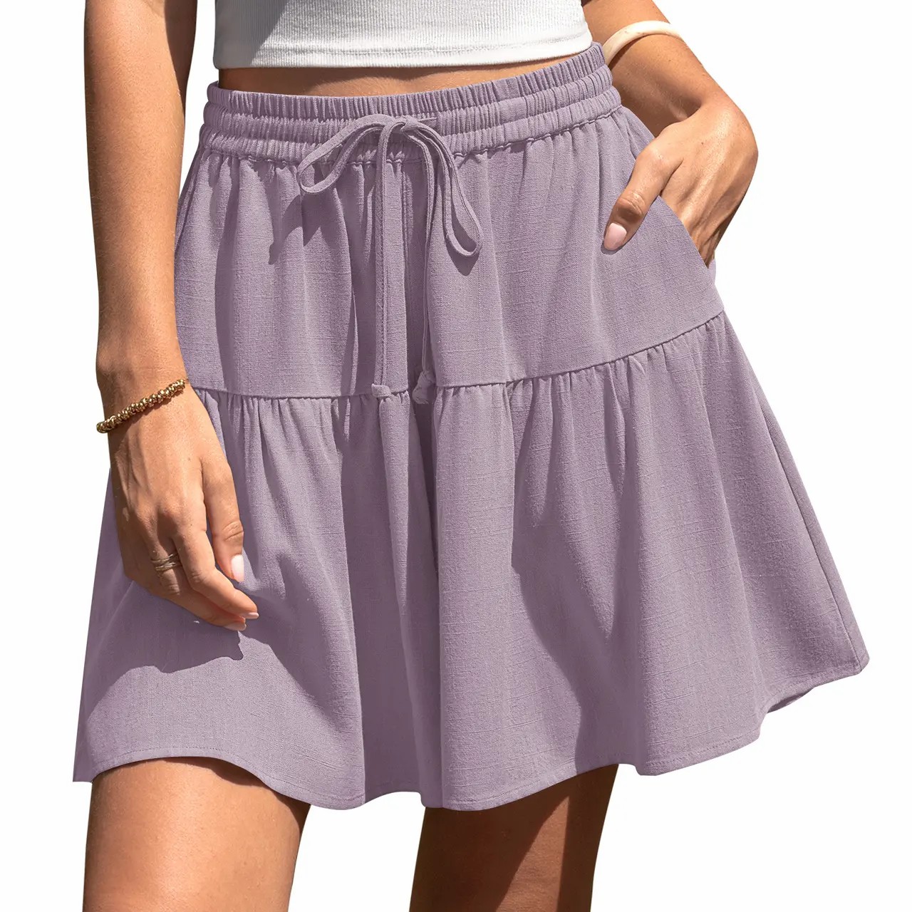 Women’s Linen-Blend Wide Leg Drawstring Summer Shorts
