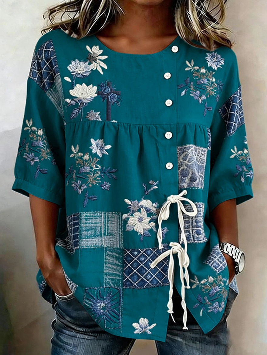Women'S Faith Flower Art Printed Cotton Linen Casual Shirt