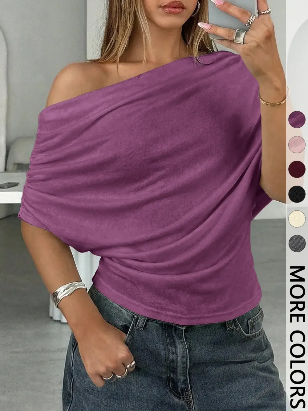 Women's Summer/Autumn Solid-Color Asymmetrical Off-Shoulder Batwing-Sleeve Knit T-Shirt