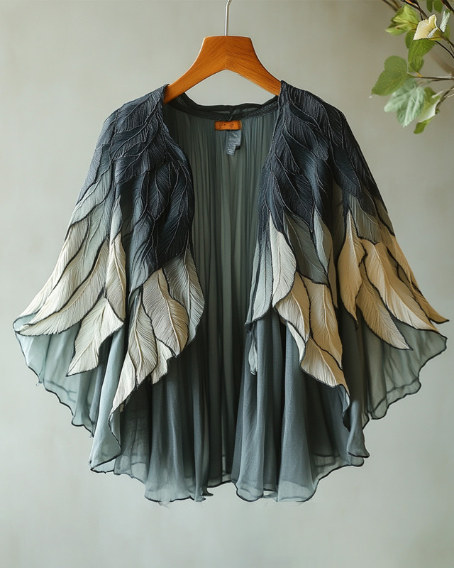 Summer comfortable handmade feather theme embroidery print gradient color cardigan 6440