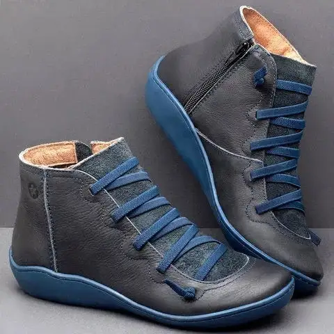 New Leather Ankle Boots Autumn Vintage Lace Up Women Shoes Comfortable Flat Heel Boots Female Zipper Short Boots Dropshipping