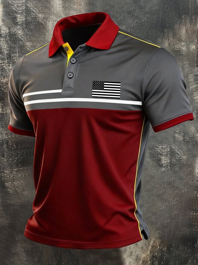 Men's Retro Patriotic Color-Block Short-Sleeve Polo Shirt