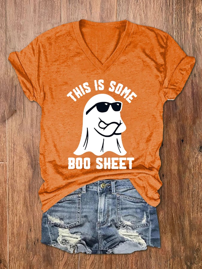 Women's Halloween This Is Some Boo Sheet Print V-Neck T-Shirt
