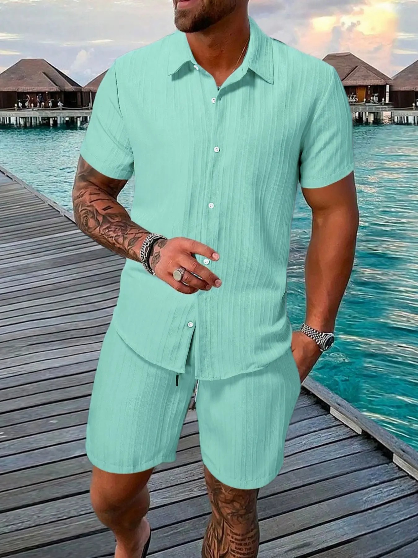7-Pack Men's Summer Casual Set – Textured Shirt & Shorts | 7 Sets Only $23.99