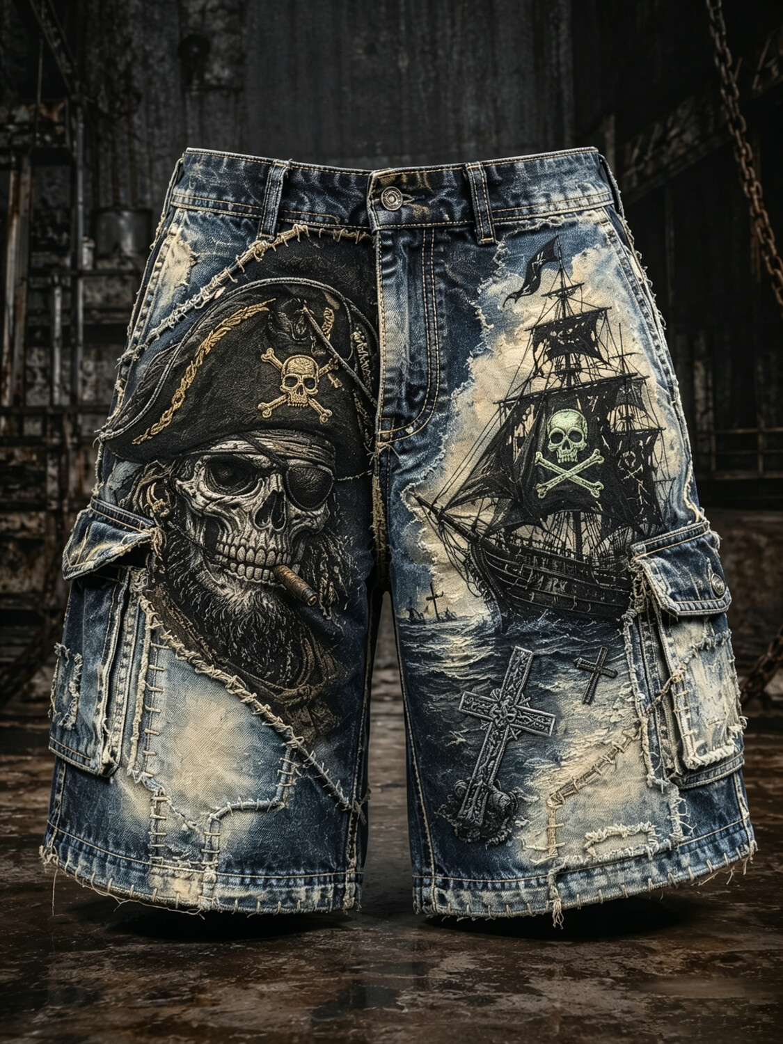 Men's Pirate Skull Crucifix Graphic Print Cargo Shorts