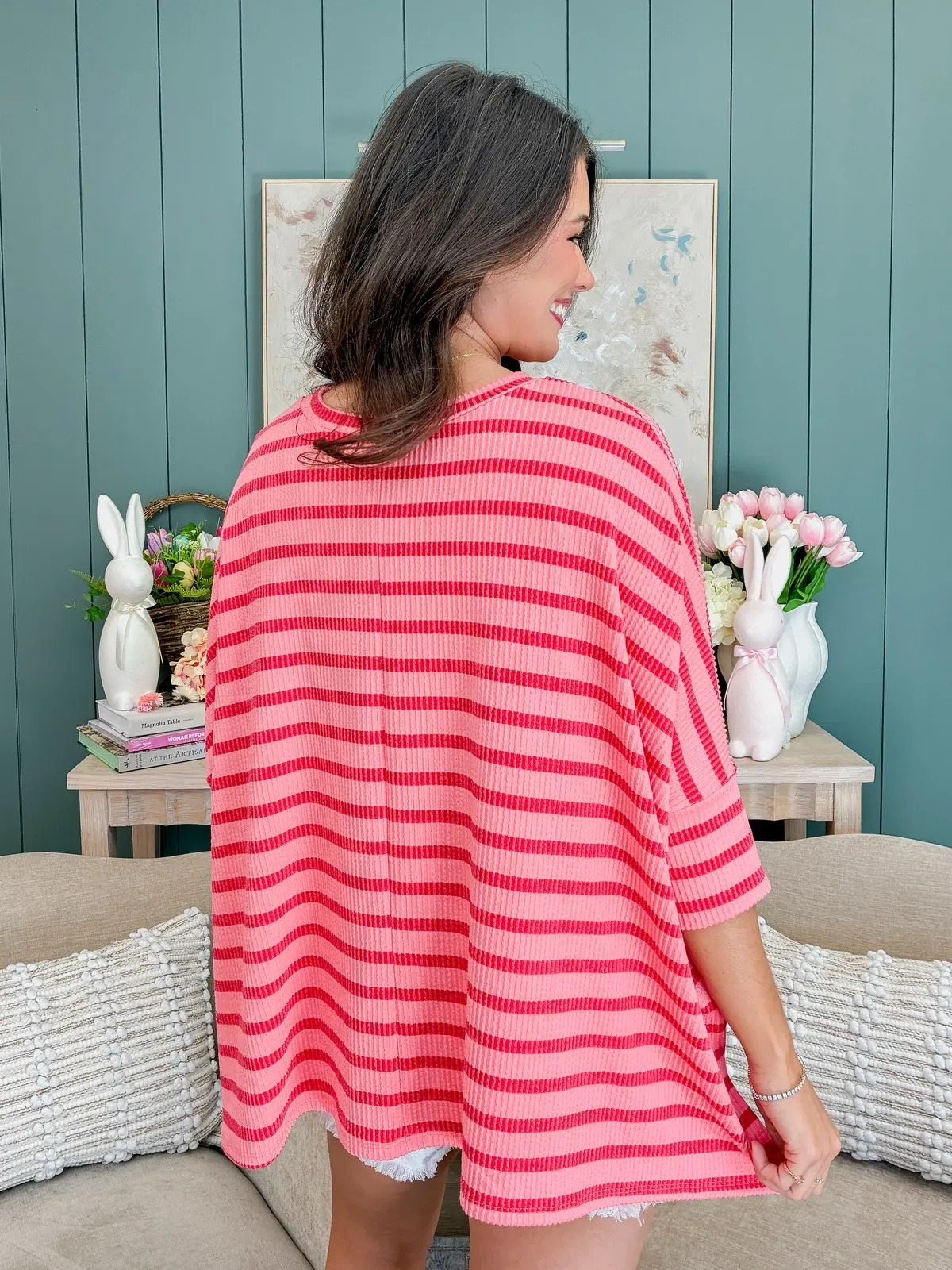 Women’s Spring Striped Raised Rib 3/4 Sleeve Top