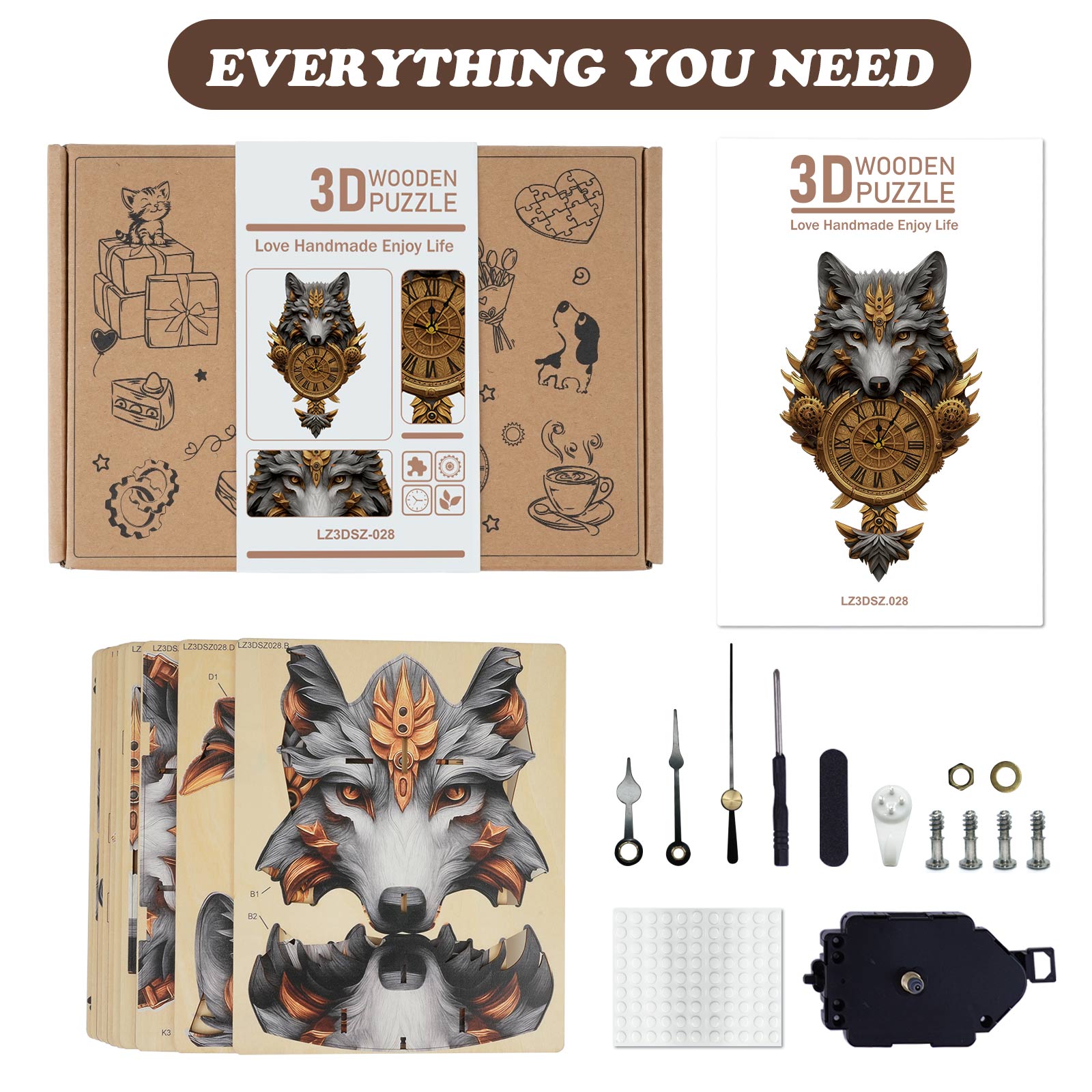 Gray WolfDIY Wooden Clock, 3D Puzzle Craft Kit