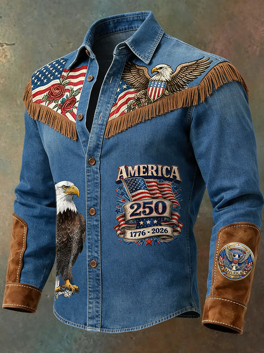 Men's Vintage American 250th Anniversary Patchwork Western Shirt