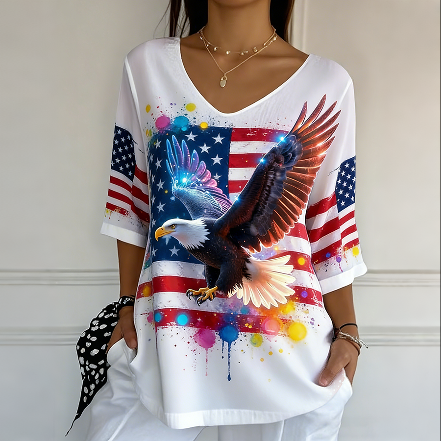 Ladies' Casual American Flag Print V-Neck Half Sleeved T-Shirt