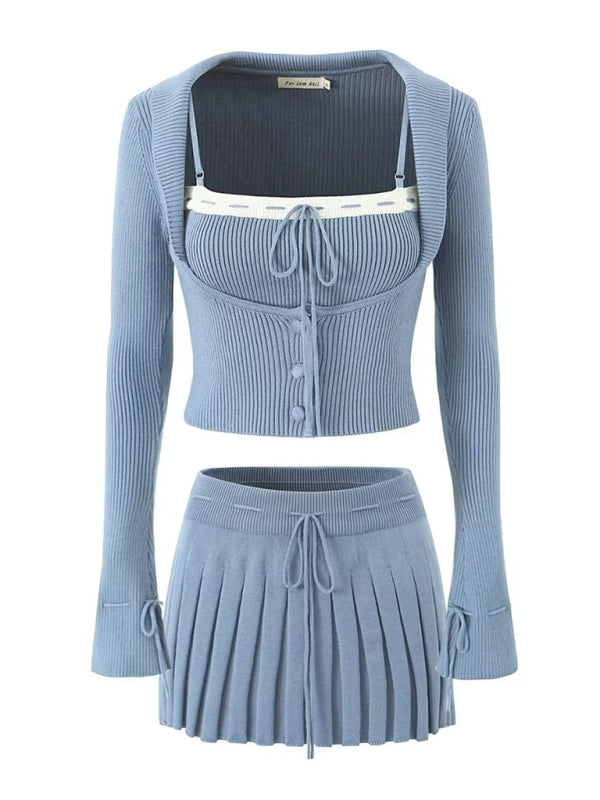 Lapel Long-Sleeved Jacket Spaghetti Strap Pleated Mini Skirt