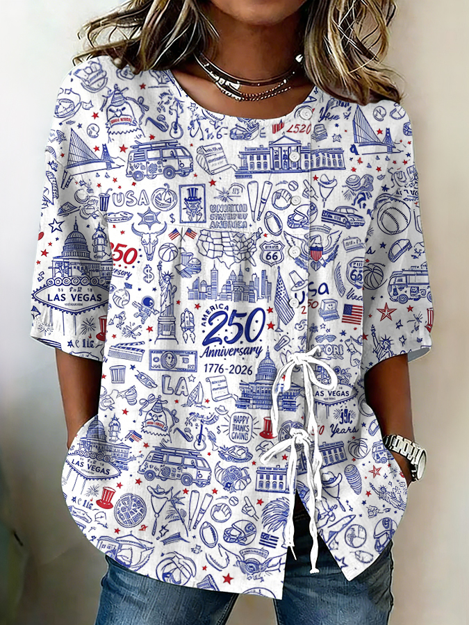 Women'S Retro Independence Day Flag Flower Art Casual Short Sleeved Shirt