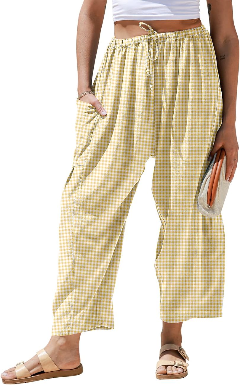 Womens Linen Wide Leg Striped Pants Casual Barrel Loose Drawstring Low Waist Palazzo Harem Pants with Pockets