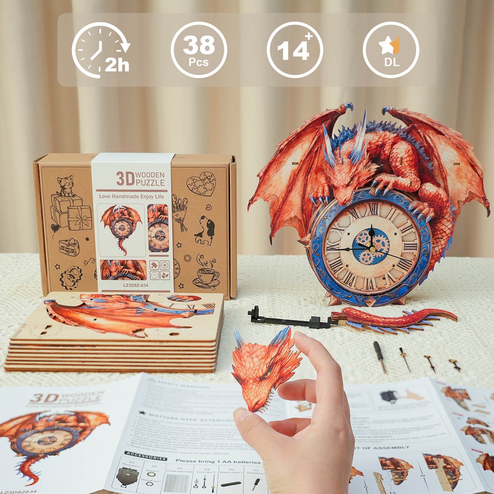 Flame DragonDIY Wooden Clock, 3D Puzzle Craft Kit