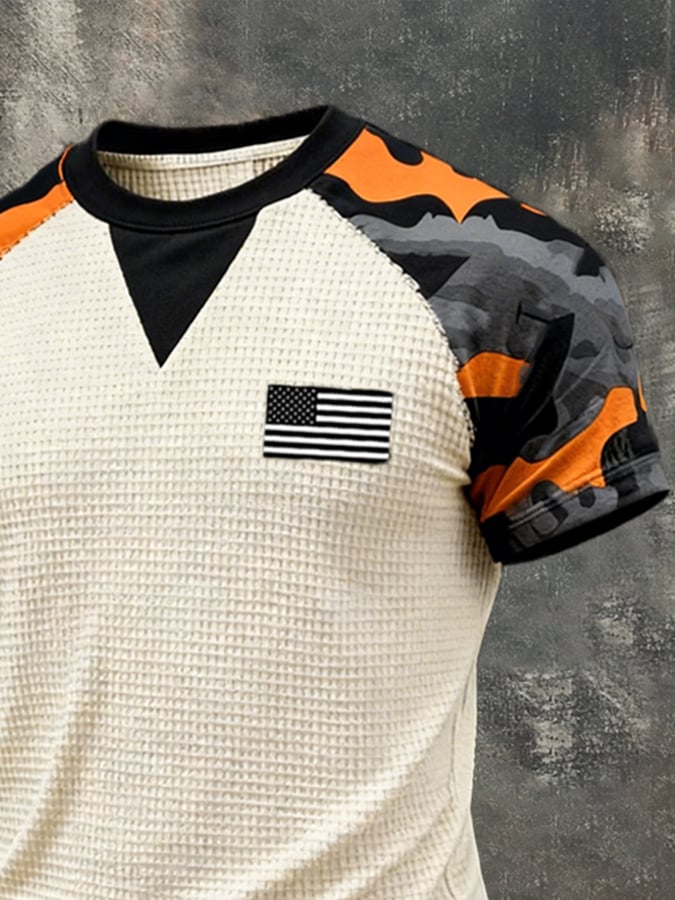 Men's Retro Camouflage Patchwork Waffle Knit Short-Sleeve T-Shirt