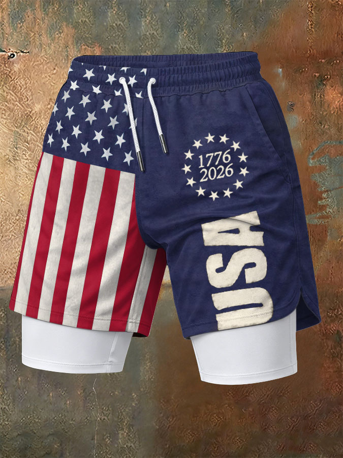 Men'S Independence Day Founding Celebration Printed Pattern Slim Fit Double Layer Sports Elastic Belt Quick Drying Breathable Shorts