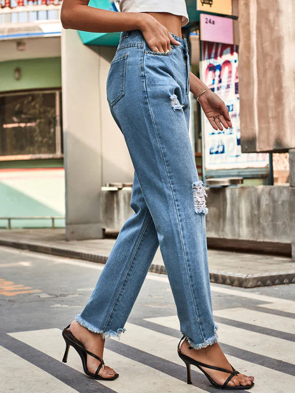 🛍️ Trendy Ripped Denim Pants Womens Casual High-Waist Jeans for Everyday Style ✨