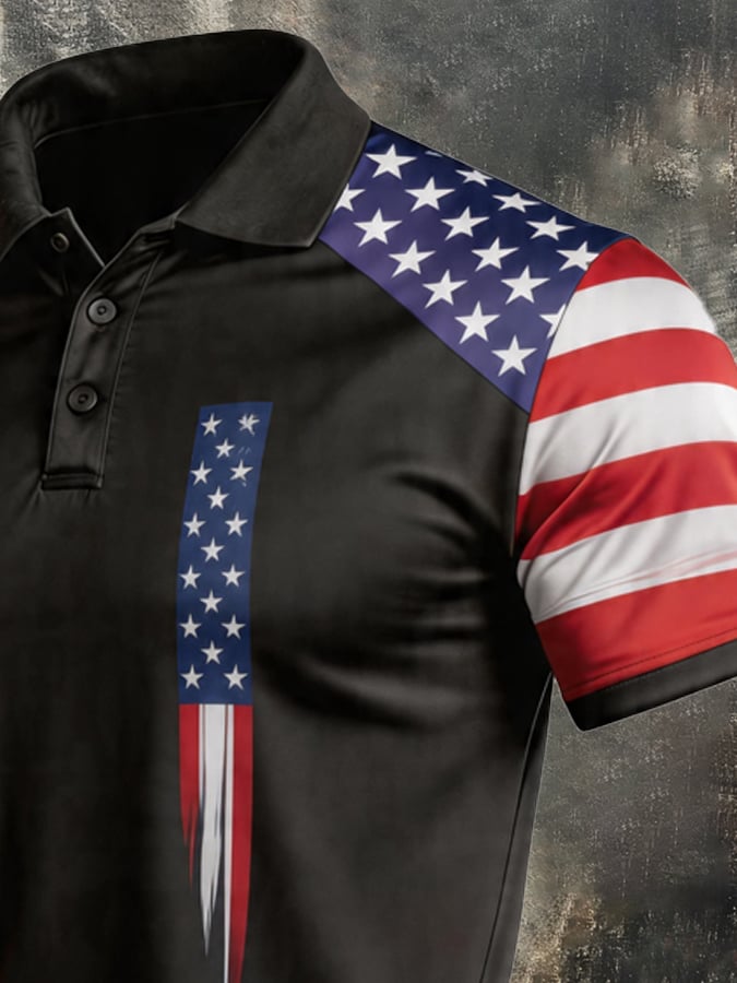 Men's Retro Patriotic Color-Block Short-Sleeve Polo Shirt