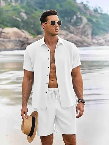 ⚡ Men's Summer Beach Outfit - Linen Shirt & Shorts Set 🔥