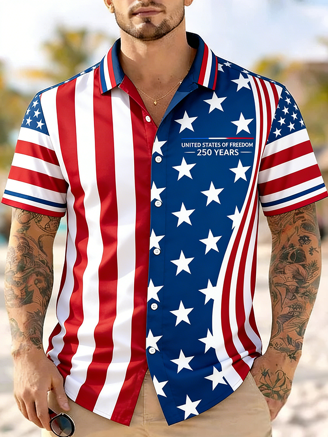 Men'S Casual American Flag Color Blocked Art Print Hawaiian Shirt