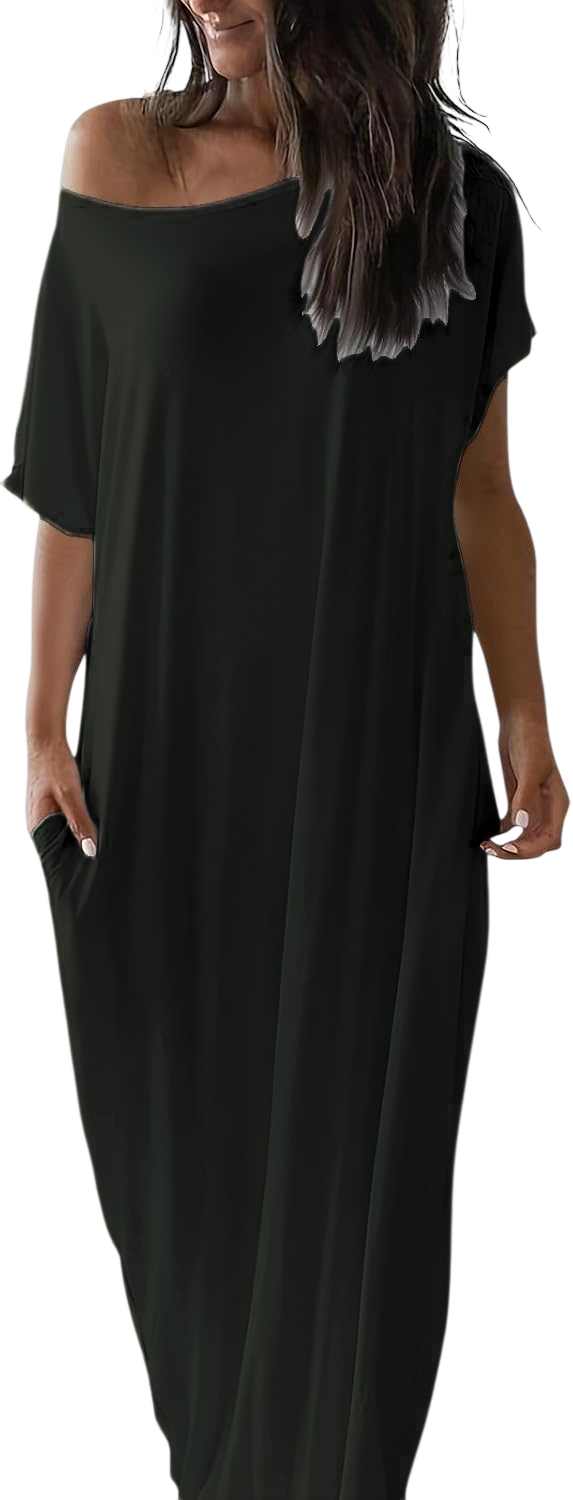 Womens Off the Shoulder Dress Batwing Short Sleeve Long Tshirt Dress with Pockets Casual Summer Loose Lounge Dresses