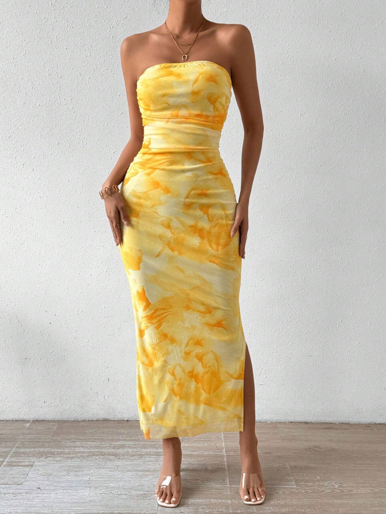 Ruched Strapless Bodycon Midi Dress