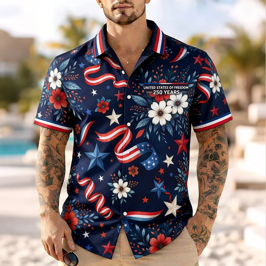 Men'S Casual American Flag Ribbon Floral Art Print Hawaiian Shirt