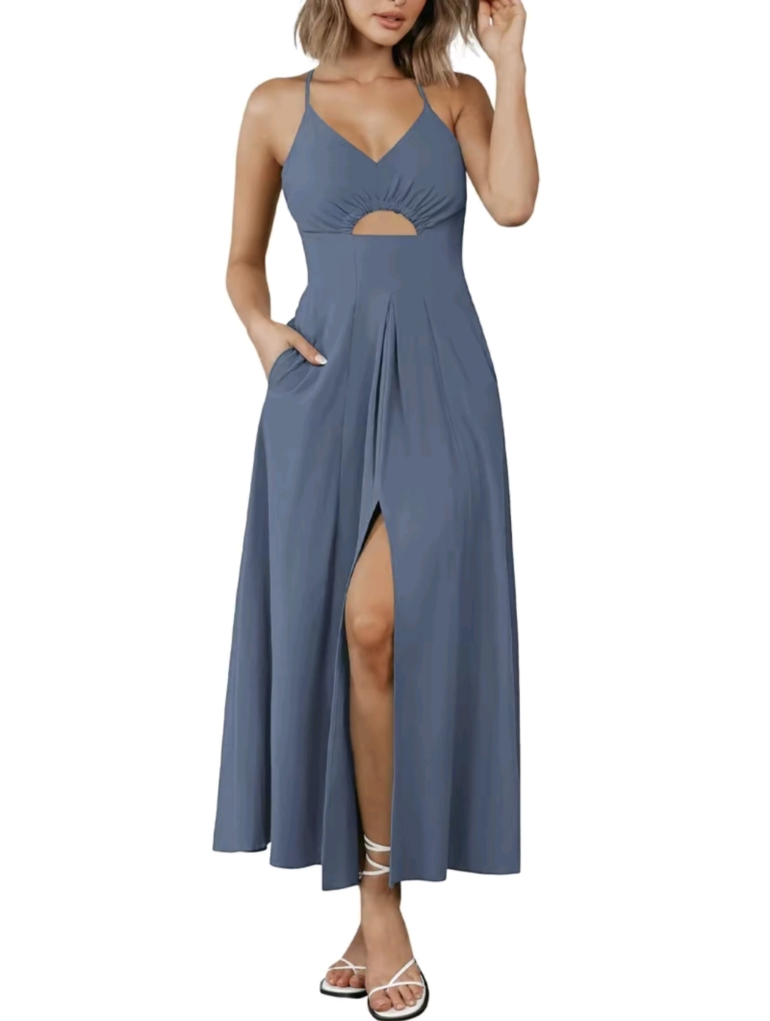 BTFBM Women's 2025 Summer Maxi Dress – Spaghetti Strap V-Neck Sleeveless Dress with Side Slit, Cutout Detail & Pockets | Casual Beach Party Outfit