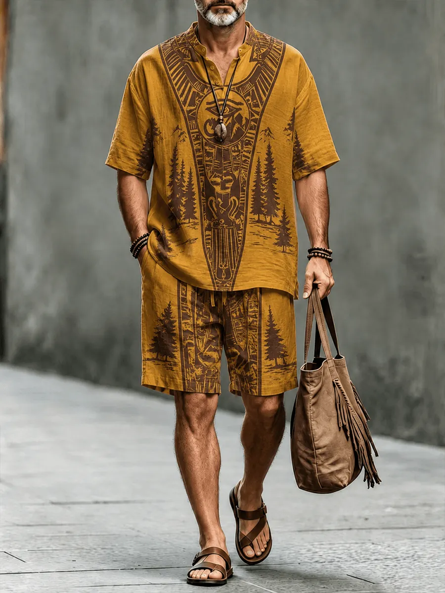 Men's Casual Vacation Set with African-Egyptian Pattern Print