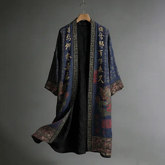 Japanese Men's Dragon Pattern Painting And Calligraphy Art Linen Long Kimono