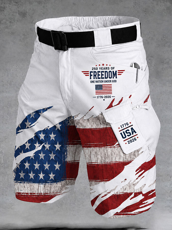 Men'S 250Th Anniversary Flag Print Casual Loose Workwear Shorts (Excluding Waistband)