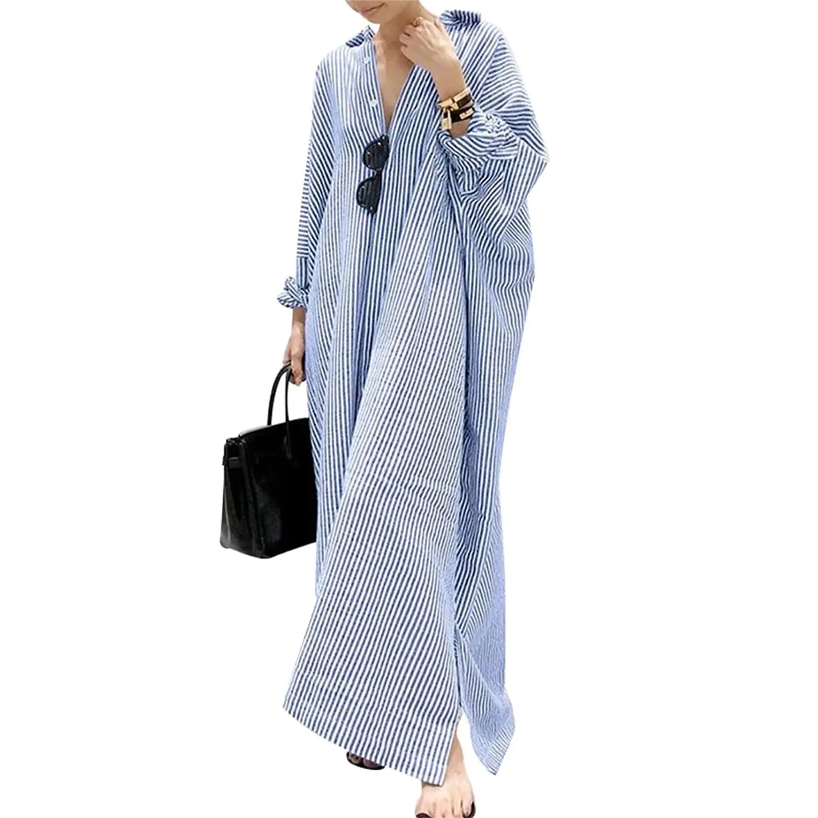 Women's Casual Long Sleeve Button Down Loose Striped Cotton Maxi Shirt Dress – Batwing Sleeves Breathable Lightweight Beach Caftan
