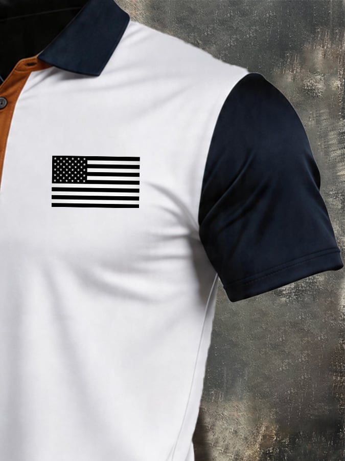 Men's Retro Patriotic Color-Block Short-Sleeve Polo Shirt