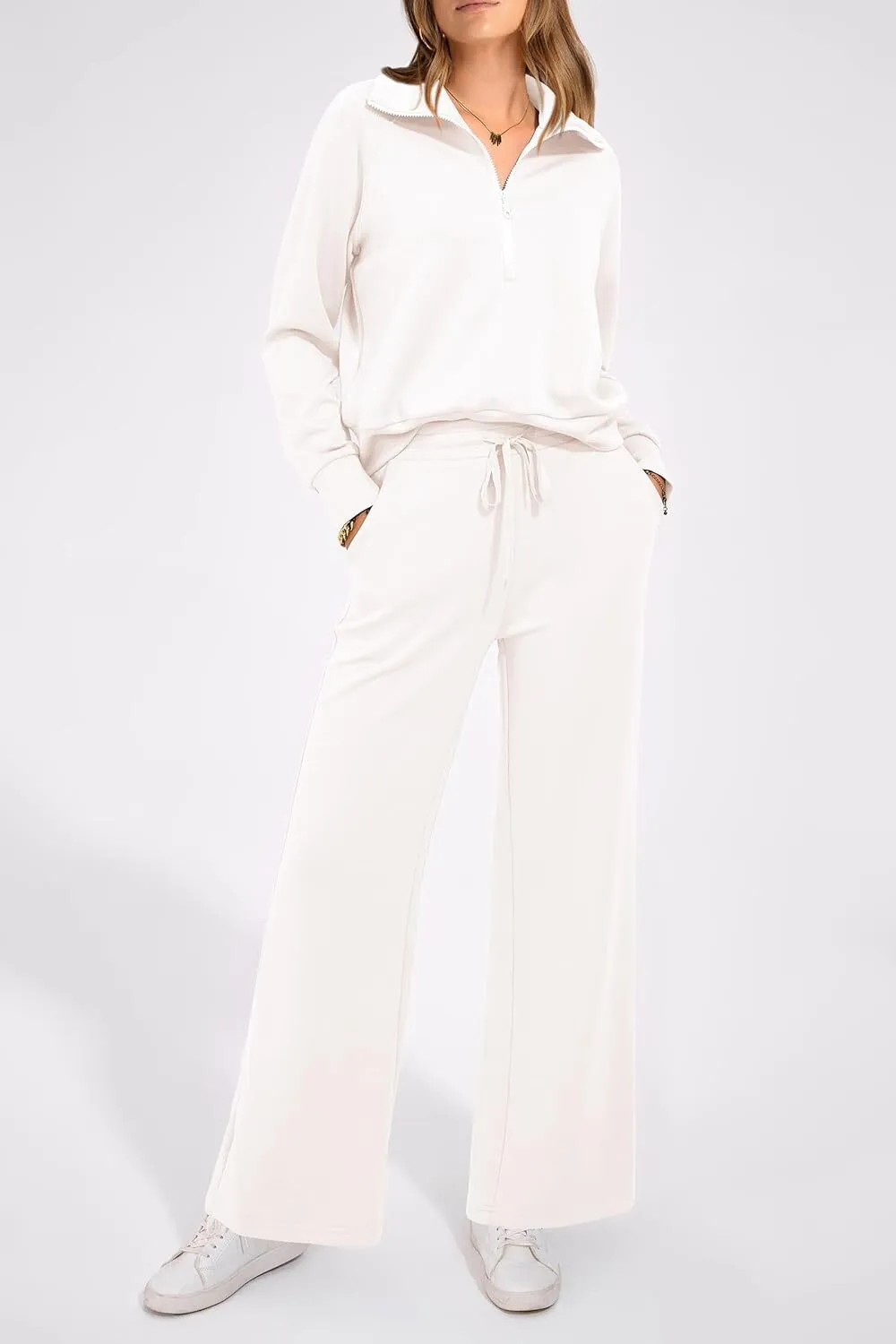 🔥Final Day Clearance!🛒Women's 2 Piece Outfits Casual Lapel Half Zip Sweatshirts And Wide Leg Pants Tracksuit Sets🔥8-PACK ONLY $28🔥