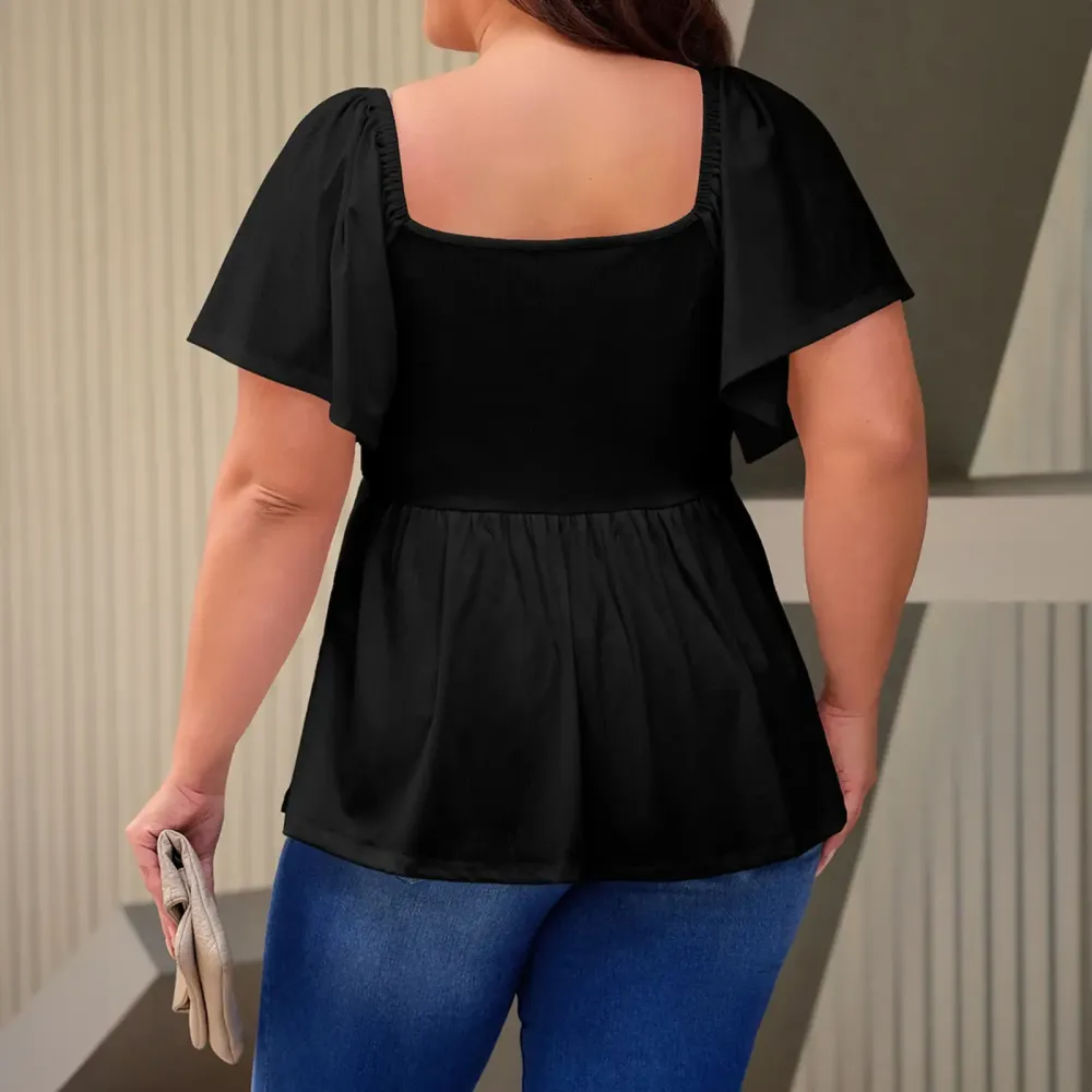 Women Plus Size Sweetheart Neck Short Sleeve Shirred Peplum Blouse Tops Shirts