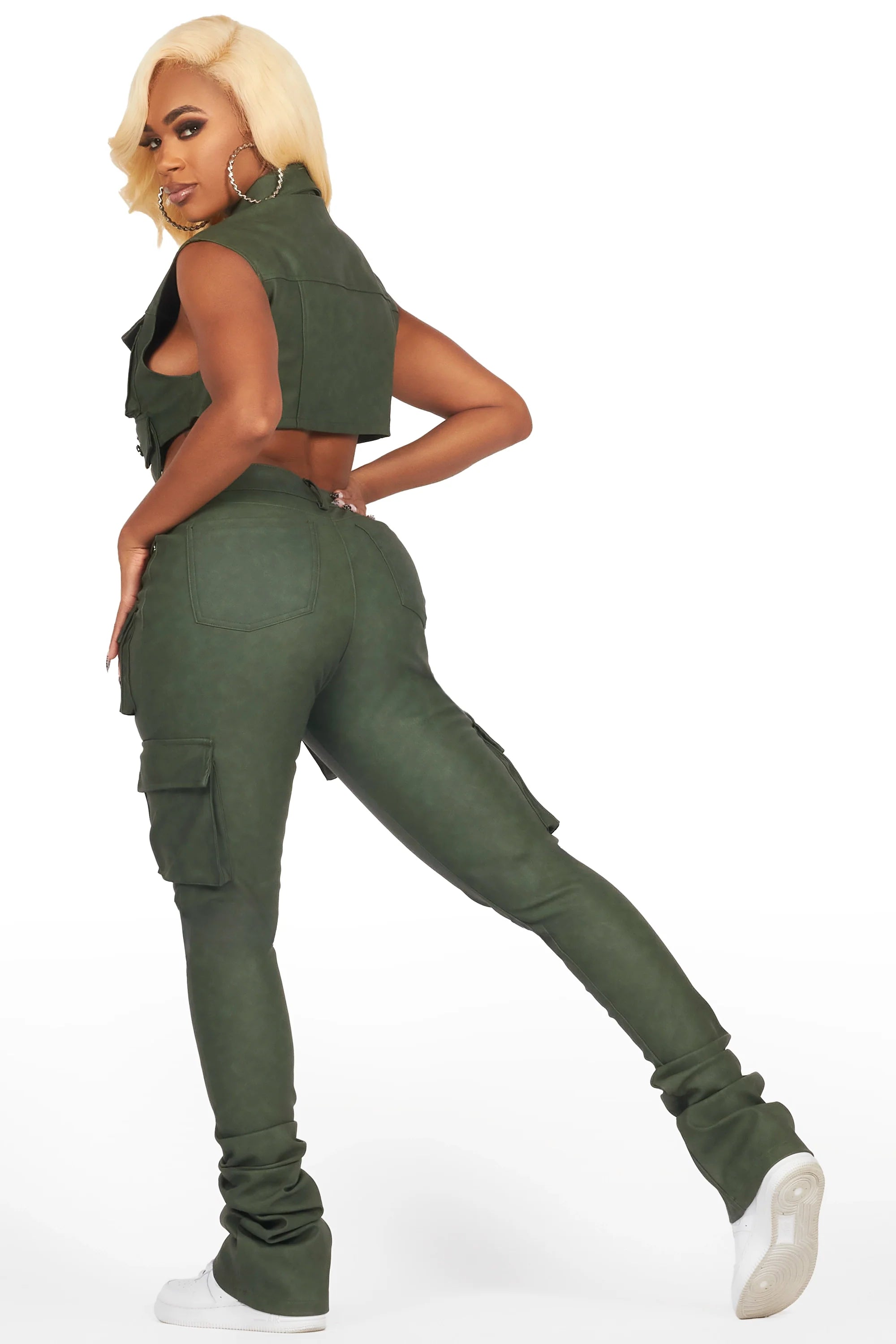Kiedra Green Cargo Faux Leather Vest