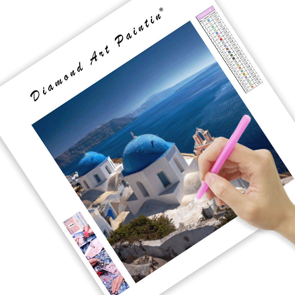 Santorini Blue Dome View - Diamond Painting