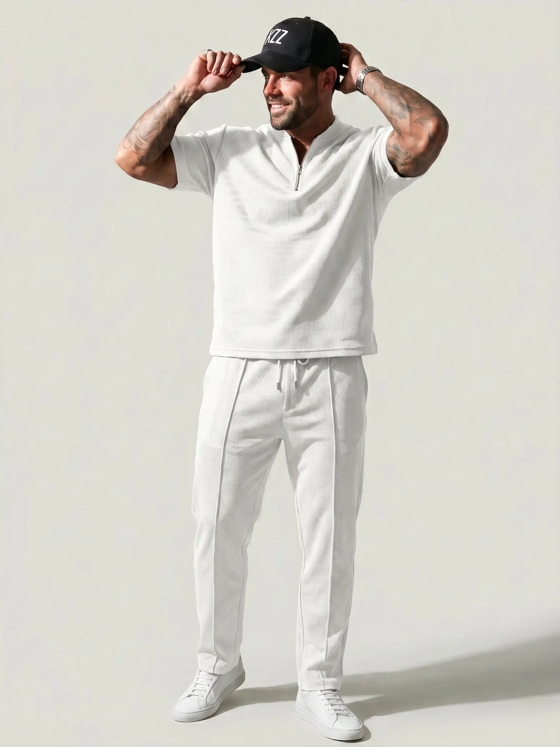 Men's 2-Piece Athleisure Wear Set - Solid Half-Zip Long Sleeve Jacket & Top-Stitching Waffle Pants