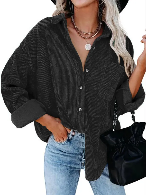 Women's Plain Pocket Button Front Corduroy Shirt