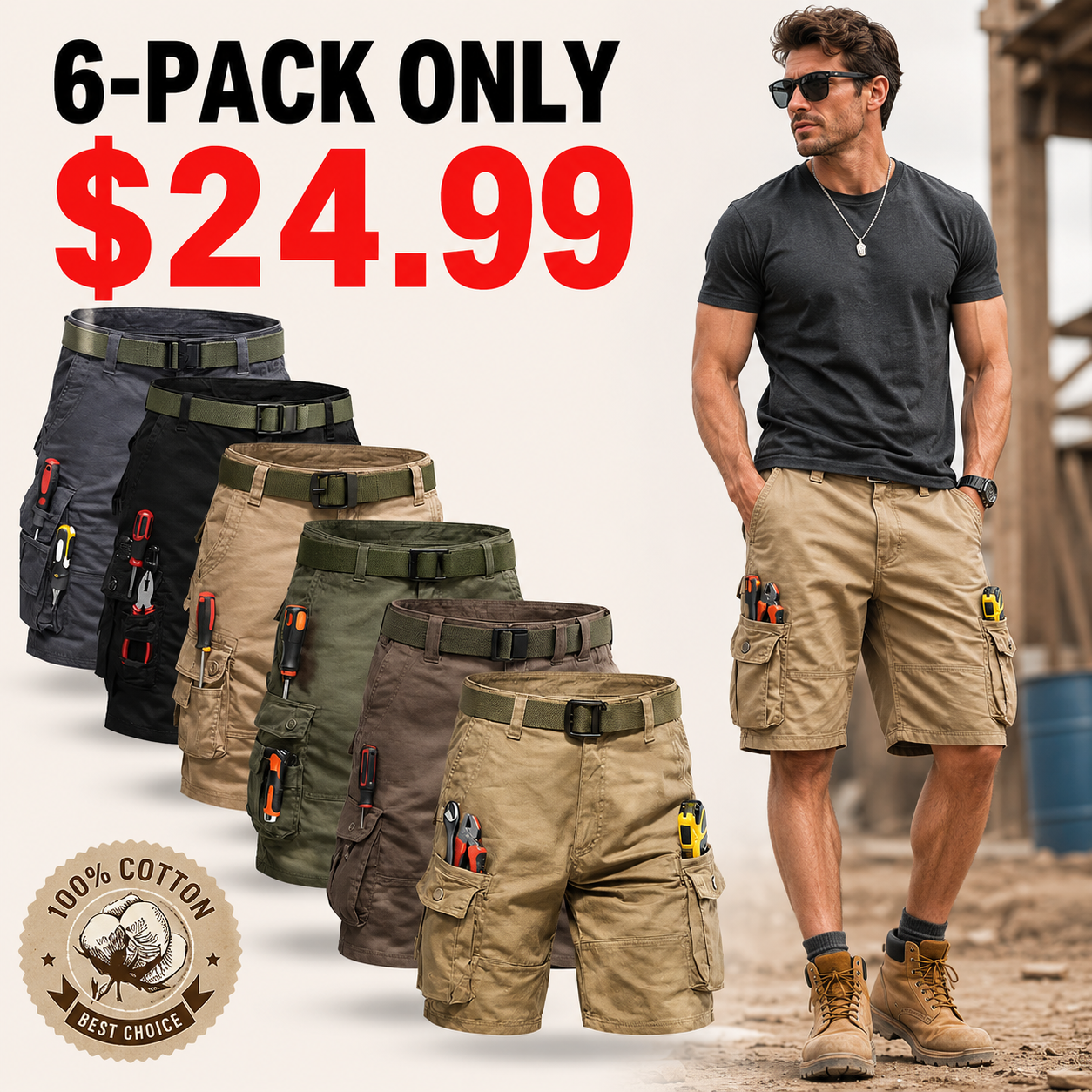 Men's Cargo Pants (6-Pack), Tactical Shorts, Multi-Pocket Shorts