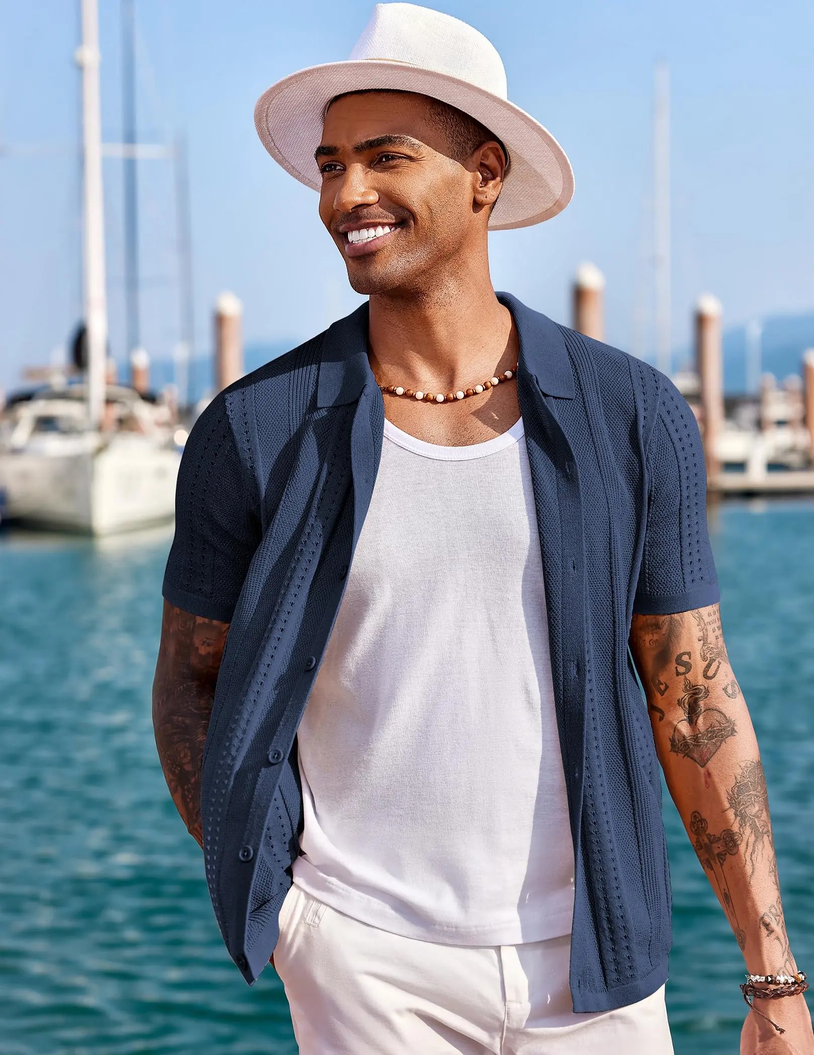 Men's Knit Shirts Short Sleeve Button Down Polo Shirt Fashion Casual Summer Beach Shirts Menswear Top