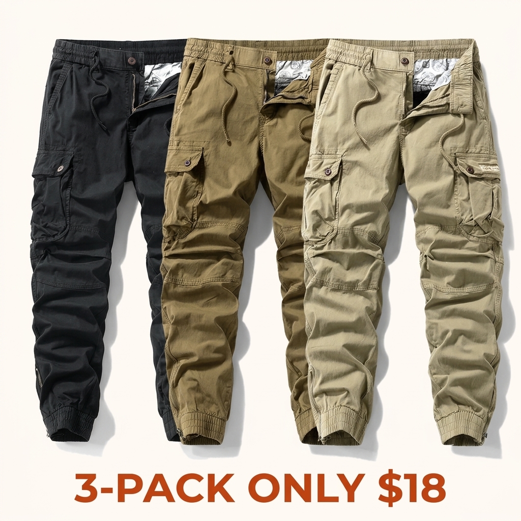 Versatile trendy functional cargo pants for men — drawstring cuffs, multiple pockets, retro outdoor casual style