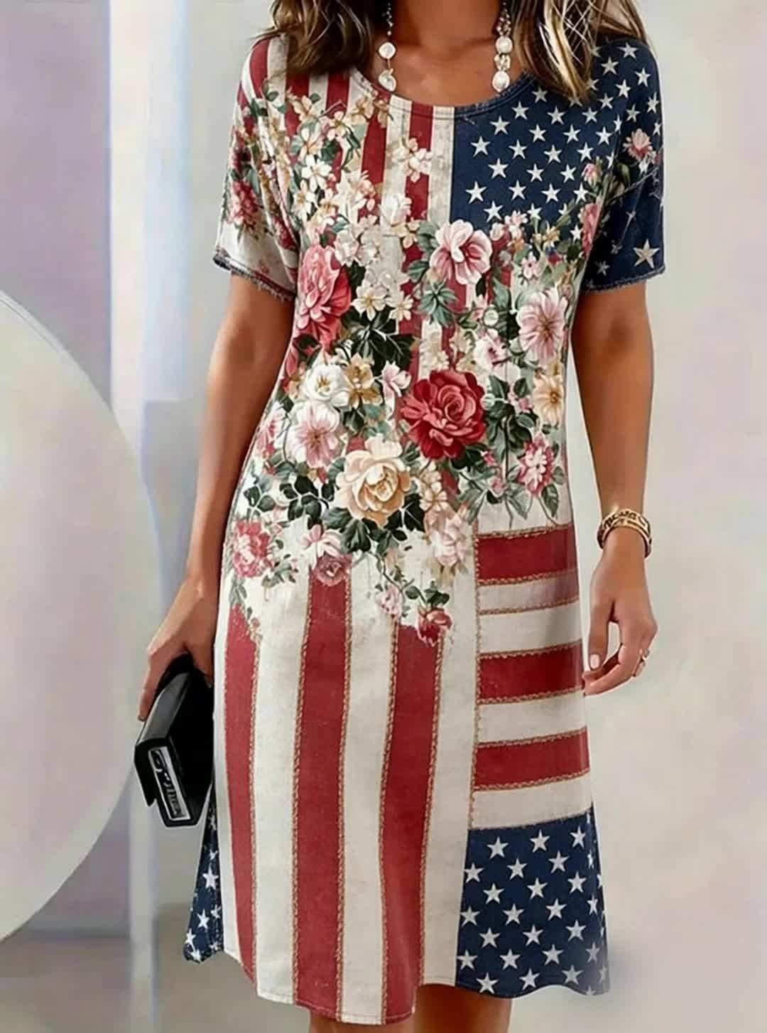 Women'S Casual Round Neck Short Sleeved National Flag And Floral Printed Mid Length Skirt