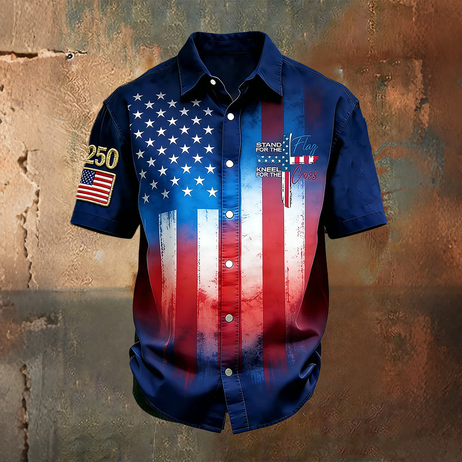 Men'S Casual Retro American Flag Art Independence Day Celebration Printed Shirt