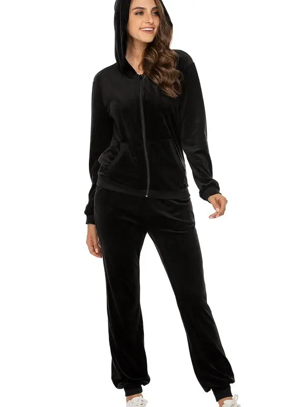 Women's Casual Velour Tracksuit Set Full Zipper Hoodie & Workout Pants Velvet