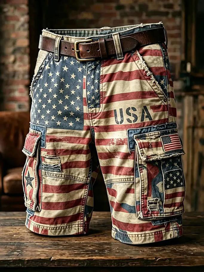 Men's Stars and Stripes USA Print Cargo Shorts