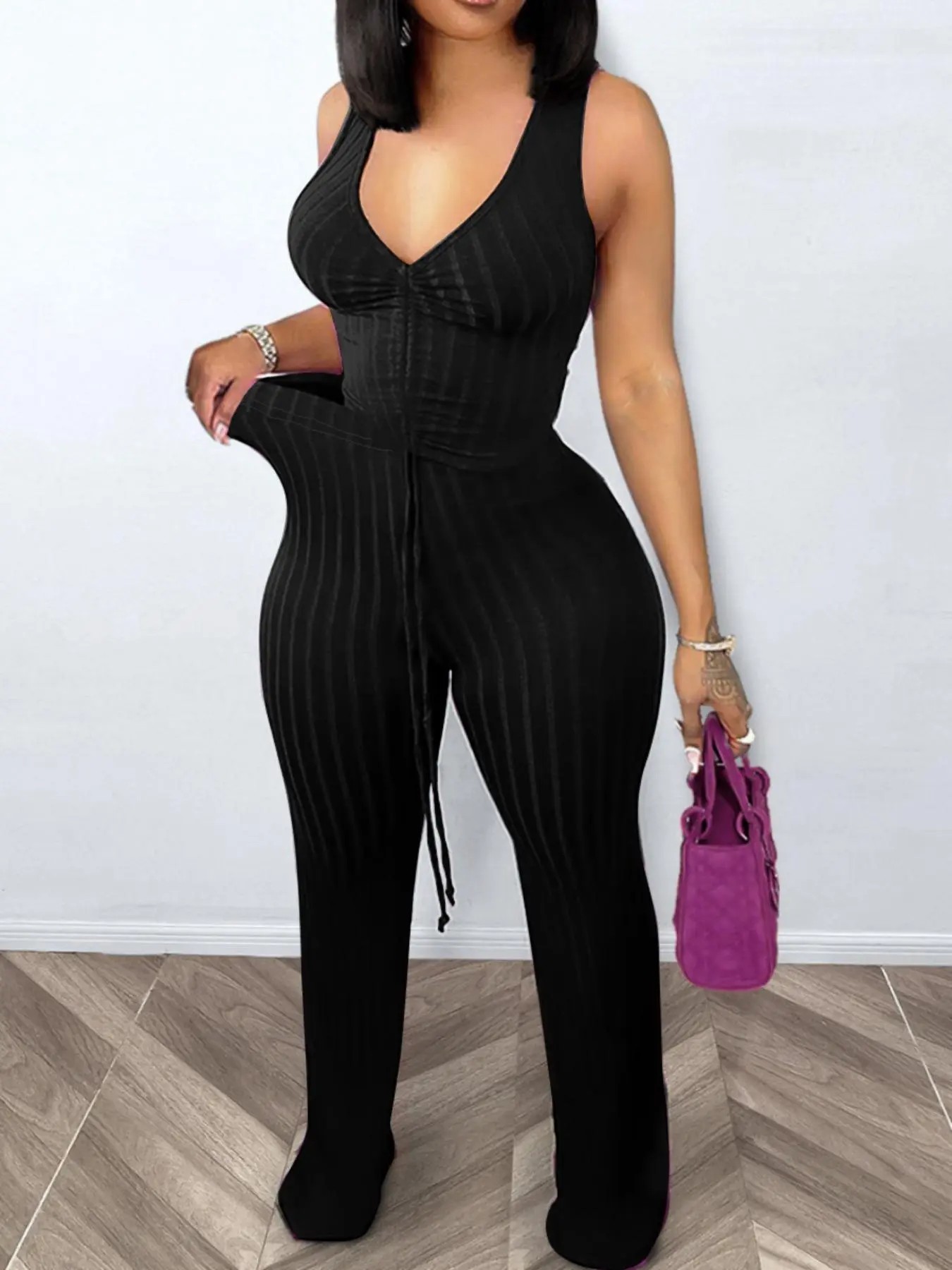 Women's Solid Ribbed Ruched Drawstring Crop Tank Top & High-Waisted Pants Set