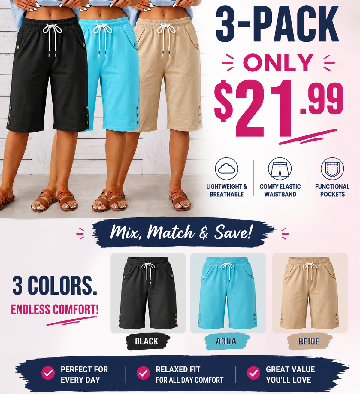 Women's Loose Bermuda Shorts – Elastic Waist with Drawstring