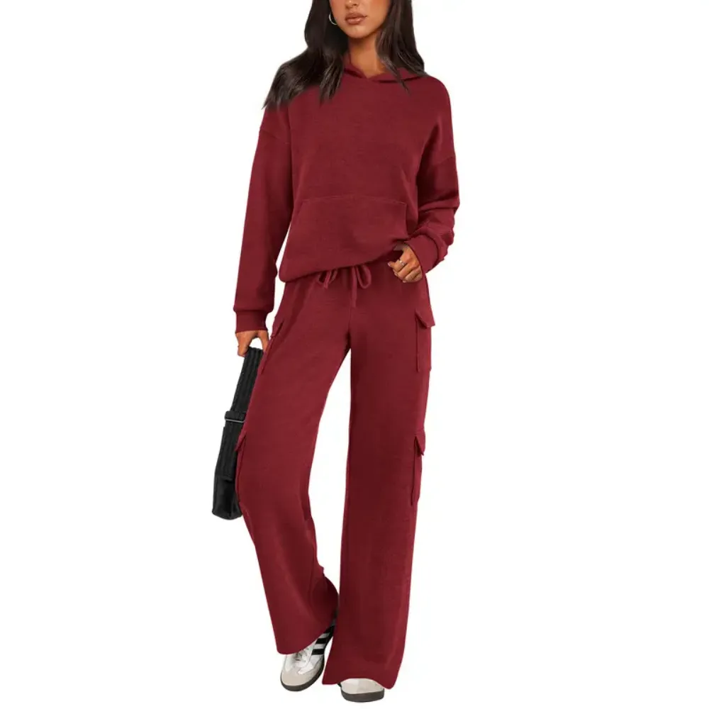 Women’s Casual Knit Tracksuit – Hoodie & Wide Leg Pants with Pockets